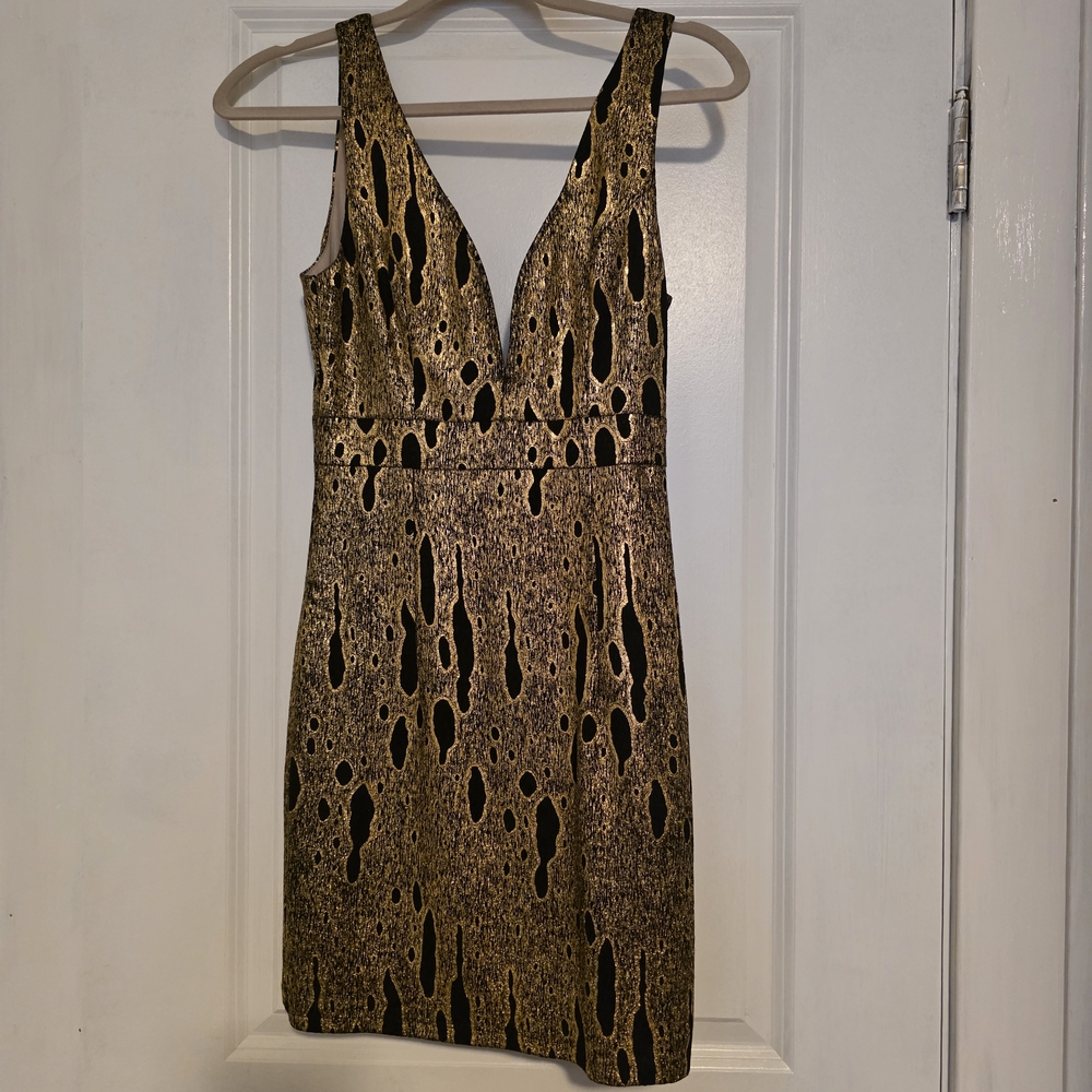 Chic Sleeveless Gold and Black Mini Dress